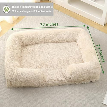 Orthopedic Dog Bed for Large Dogs - Washable Memory Foam Pet Sofa, Fluffy Plush Rectangular Bed, Waterproof Anti-Anxiety Couch, Light Brown, L