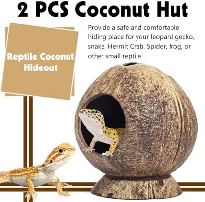 PINVNBY 2 Pcs Natural Coconut Shell Reptile Hideouts Crested Gecko Tank Accessories for Small Lizard Leopard Gecko Spider Snail Hermit Crab Hideout
