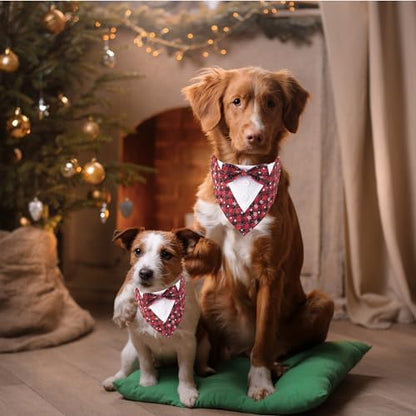 ADOGGYGO Christmas Dog Tuxedo Bandana, Red Plaid Pet Chritstmas Tux with Bowtie Adjustable Christmas Formal Costume for Small Dogs Pets (S)