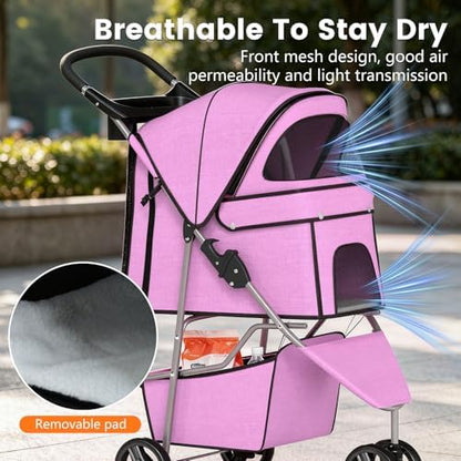 BestPet | 3-Wheel Pet Stroller | Pink | Foldable Dog and Cat Stroller