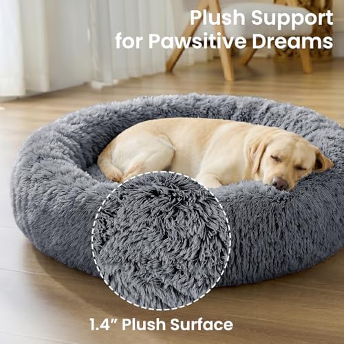 JOLLYVOGUE Calming Dog Beds Extra Large Sized Dog, 45in Donut Washable Large Pet Bed, Anti-Slip & Anti-Anxiety Fluffy Faux Fur Round Dogs Bed, Fits up to 125 lbs Pets (Smoke Black)
