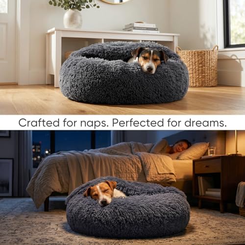 Himax Covered Medium Dog Bed with Blanket Attached Calming Burrow Deep Grey