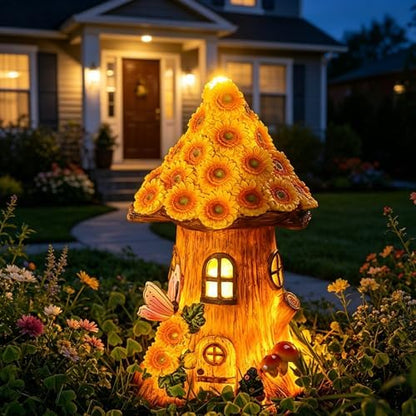 Fairy Garden Statues,Fairy Garden House with Solar Powerd Night Light,Yard Decorations Outdoor Fairy Garden Accessories Decor for Outside (Flower-Mushroom)