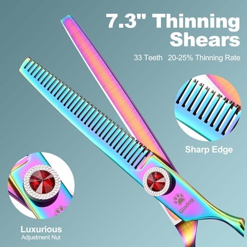 GLADOG Pro Rainbow 7 Inch Professional Pet Grooming Scissors Kit, 6-in-1 Dog Scissors, Titanium Coated, Stainless Steel, Right Handed, 5 Count