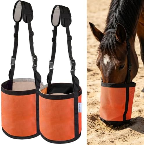 Horse Feed Bag for Grain, Breathable Muzzle Feed Bags for Horses, Universal Mesh Feedbag for Feeding Grain, Anti-Spill Design Feeder, Durable Nose Bag with Solid Bottom (Orange)