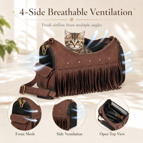 Vintage Pet Carrier Purse for Small Dogs and Cats, Cat Carrier Bag with Upgraded Zipper and Adjustable Shoulder Strap, Breathable Puppy Carrier Handbag for Travel, Walking, Daily Outings (Brown)