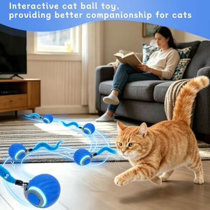 Interactive Cat Toy Ball - Automatic Moving Cat Ball for Indoor Cats with 3 Tails, Rechargeable Silent Kitten Toy for Boredom & Exercise, Rolling Ball Toy with 2 Modes & 2 Speeds.
