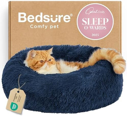 Bedsure Calming Cat Beds Donut Round Washable Kitten Bed,20 inches Navy
