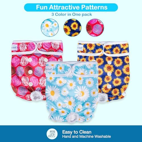 Pet Soft Female Dog Diapers, 3 Pack Washable Dog Diapers for Dogs in Heat Reusable Dogs Period Panties, Puppy Diapers Female (Flower, S)