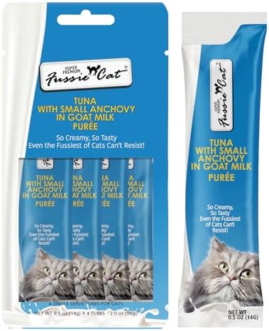 Fussie Cat Premium Tuna with Small Anchovies in Goat Milk Puree, lickable cat Treats, 0.5oz Pouch Pack of 4