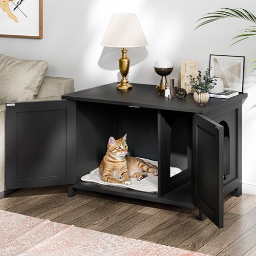 Shintenchi Cat Litter Box Enclosure, Litter Box Furniture Cabinet Hidden with Removable Divider, Wooden Cat House with End Table, Black, 31.5 inch