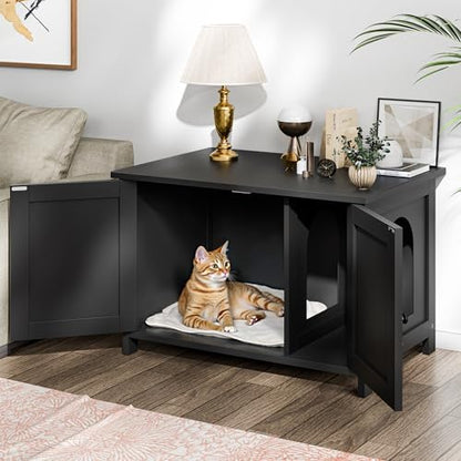 Shintenchi Cat Litter Box Enclosure, Litter Box Furniture Cabinet Hidden with Removable Divider, Wooden Cat House with End Table, Black, 31.5 inch