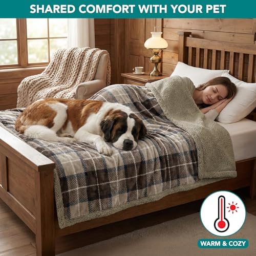 PetAmi Waterproof Dog Blanket for Medium Large Dog Pet, 60x40, Plaid Taupe