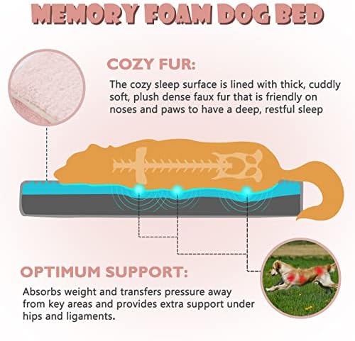 WATANIYA PET Memory Foam Orthopedic Large Dog Bed, Washable Dog Bed for Crate with Cooling Gel Mattress, Waterproof Liner and Plush Removable Cover for Extra Large Dogs (Pink)