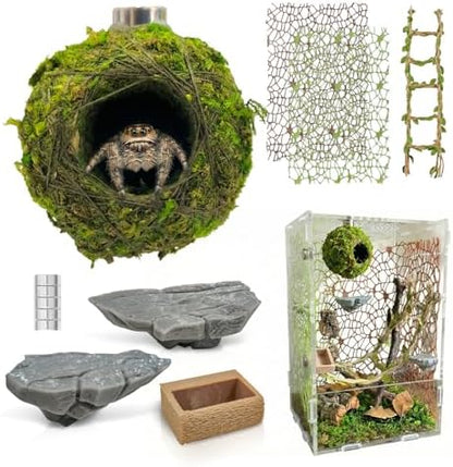 Jumping Spider Enclosure Accessories Kit - Magnetic Moss Ball Hideout, 2 Rock Ledges, Feeding Bowl, Climbing Mesh Nets & Rope Ladder - Natural Forest Habitat Decor for Regal (Moss Cave)