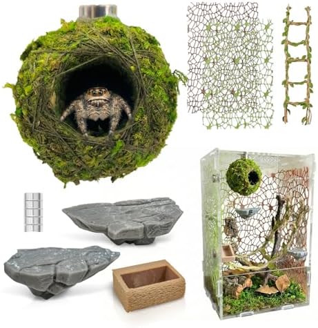 Jumping Spider Enclosure Accessories Kit - Magnetic Moss Ball Hideout, 2 Rock Ledges, Feeding Bowl, Climbing Mesh Nets & Rope Ladder - Natural Forest Habitat Decor for Regal (Moss Cave)