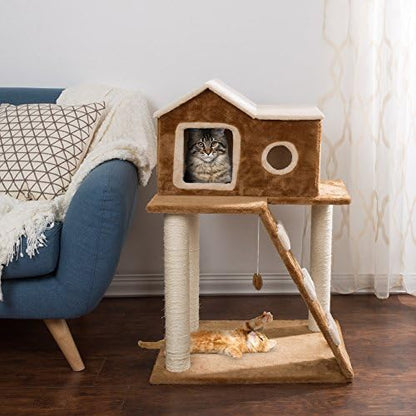 35in Cat Tree with Climb-Up Ladder, Cat Condo, 3 Sisal Rope Cat Scratching Posts, and Hanging Toy - Cat Tower for Indoor Cats by PETMAKER (Brown)