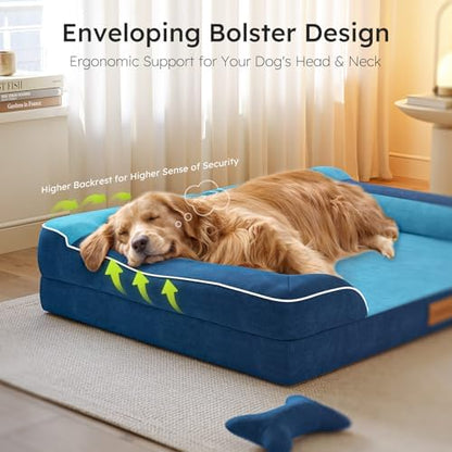 CWAWZ Jumbo Dog Bed for Extra Large Dogs, Orthopedic Dog Bed with Cooling Gel Memory Foam, Waterproof Pet Bed with Removable Washable Cover, 45" Pet Sofa Couch Dutch Velvet with Bone Toy, Navy Blue