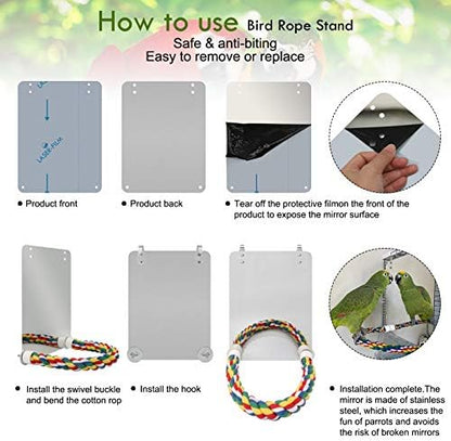 Stainless Steel Bird Cage Mirror, Parakeet Mirror with Rope Perch, 10.6 in