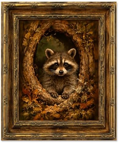 Framed VintageStyle Wall Art Rustic Forest Animal Cute Raccoon Canvas Print Poster Farmhouse style artwork suitable for bedroom or living room 8x10 inches designed for hanging or tabletop display