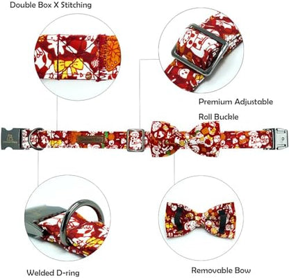 Lionheart glory Dog Bow Collar Red Christmas Santa Deer Print Dog Collar for Small Dogs Adjustable Soft Sturdy Girl or Boy Collars with Bowtie Fall Collar Bows