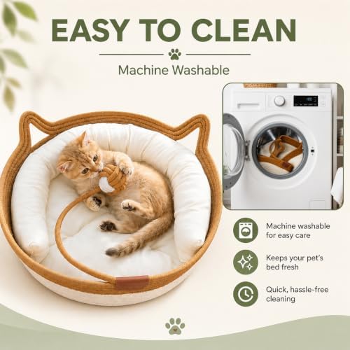 Instinct Cat Basket Bed, Handwoven Cotton Rope Cat Bed with Toy Ball and Cat Ear Handles, Breathable Scratch-Friendly Round Woven Basket for Indoor Cats and Kittens Brown