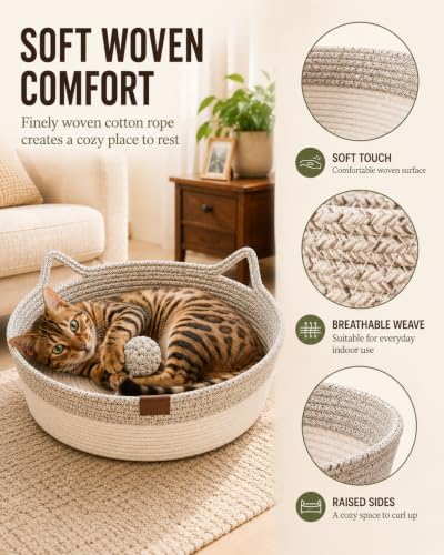 Cat Bed Handwoven Rope Basket Instinct for Indoor Cotton Natural Woven Hanging Scratcher Cushion Sleep Scratch Play Scratching Round Toy BEF Holder