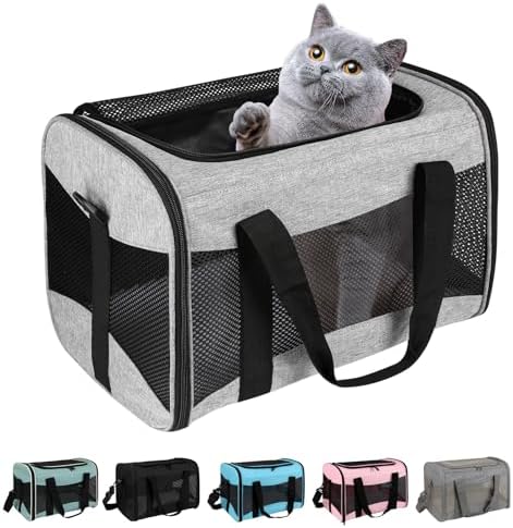 Cat Carrying Case - Pet Carrier Airline Approved, Protable and Breathable Pet Travel Carrier Removable Fleece Pad, Collapsible Cat Carrier Dog Carrier for Medium Cats Small Cats Dogs (Grey&Black M)