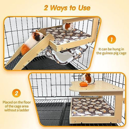 Guinea Pig Hideout，Natural Wood Removable Guinea Pig Bed, Small Animal Habitat with Hanging Hammock/Staircase/Cushion, Suitable for Small Animals to Hide, Rest, Play