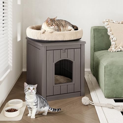 Cat Litter Box Enclosure, Plastic Hidden Litter Box Side Table with Openable Front Door, Waterproof & Weatherproof Cat House for Indoor & Outdoor Use (Gray)