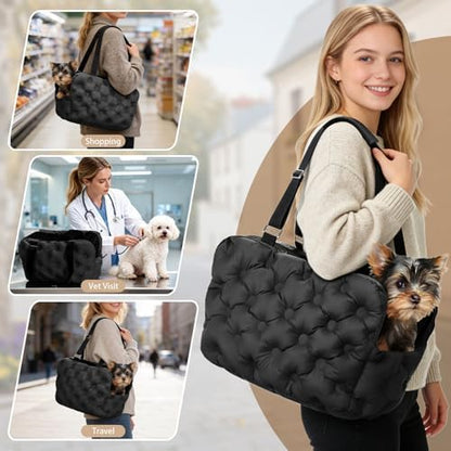 Dog Purse Carrier for Small Dog Cats, Soft Quilted Puppy Carrier Soft-Sided Carriers Bag, Luxury Stylish Small Dog Cat Travel Tote for Pets Up to 11 lbs (Black, 15.7" L x 7.9" W x 7.1" H)