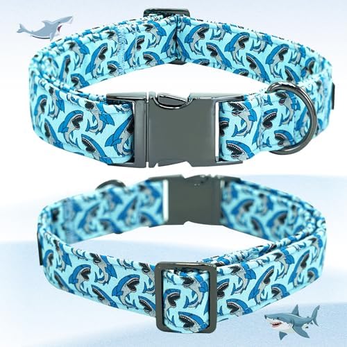 Dog Collar-Shark Print Adjustable Cute Pet Collar Soft Blue Dog Collars with Bow Tie Durable Cotton Metal Buckle Puppy Collar Gift for Large Dogs