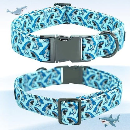 Dog Collar-Shark Print Adjustable Cute Pet Collar Soft Blue Dog Collars with Bow Tie Durable Cotton Metal Buckle Puppy Collar Gift for Large Dogs