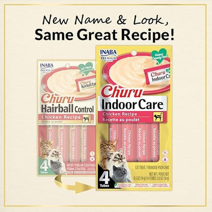 INABA Churu for Cats, Functional, Creamy Lickable Purée Cat Treat for Indoor Care and Hairball Control with Taurine & Vitamin E, 0.5 Ounces Each, 12 Tubes (4 per Pack), Chicken Recipe