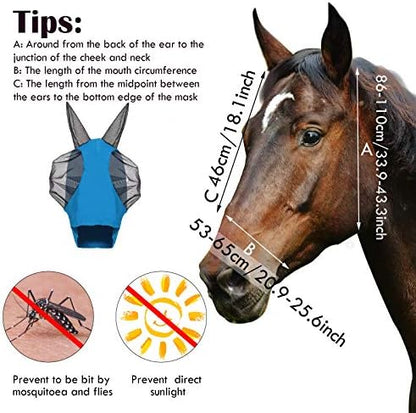 Weewooday 2 Pcs Horse Fly Mask with Ears, Soft Stretchy Horses Face Masks for Flies, Breathable Mesh Eye Cover, UV Protection Horse Masks for Pasture, Barn, Turnout(L,Blue, Black)
