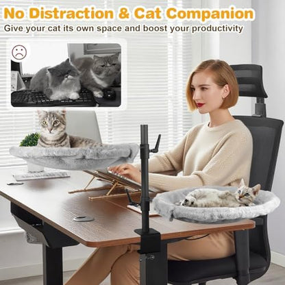 Double Cat Desk Bed - 2 Large Layers Cat beds with 360° Rotating & Adjustable Height, 16.5 inch Kitten Nest for Desktop with 2 Washable Soft Covers, Kitten Hammock Bed Mount for Home Office Grey