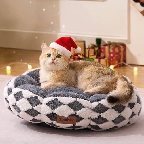 ZOMISIA Cat Beds for Indoor Cats, Cute Donut Kitten Beds for Small Dog, Round Plush Bed for Puppy and Large Cats, Anti-Slip Bottom, Grey