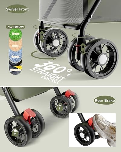 GTPLAYER Foldable Pet Stroller for Small Dogs and Cats, Hold Up to 33 lb, 4-Wheel Stroller with 2 Safety Tethers, Breathable Mesh, Lockable Front Wheels, Cup Holder/Tray & Storage Pocket, Forest Green