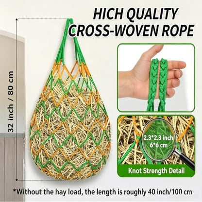 Hay Bags for Horses 2 Pack, 40 Inch Slow Feed Hay Net for Goats Sheep Livestock, Durable Mesh Hay Feeder Bag with Carabiners & Gloves, Hanging Hay Nets for Stall Trailer Pasture