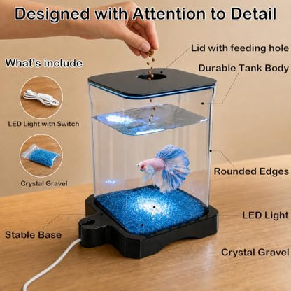 0.5 Gallon Betta Fish Tank Aquarium Starter Kit with Light and Lid(Black)