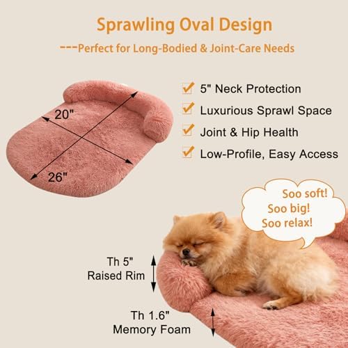 Orthopedic Dog Bed with Egg-Crate Base, Calming Dog & Cat Beds Long Plush with Raised Edges, Spine Friendly Pet Sleeping Mat for Small Medium Dogs, Machine Washable (Oval, Blush Pink 26"x20")