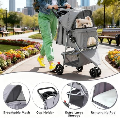 3 Wheels Pet Stroller,Storage Basket and Cup Holder, Breathable Mesh, Waterproof and Foldable for Small/Medium Dogs and Cats Strollers, Lightweight Travel Carrier for Daily Walks & Outdoor，Grey