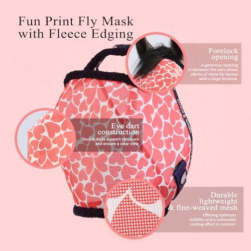 Harrison Howard All Round Mesh Horse Fly Mask UV Protective with Fleece Padded Edging and Fun Prints Forelock Opening Design Mask for Horse Hearts XL