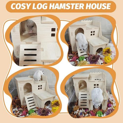 Hamster House,Tiny House with Slide House, Double-Decker Hut, Hamster Cage Accessories,Small Animal Habitat Decor for Large Hamster