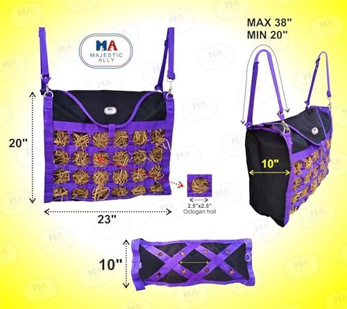 Majestic Ally Animal Health Hay Bag for Horses, 2.5" Holes, Top Load, Travel Feeder, Reduces Waste, 1 Year Warranty, Multiple Colors (Black-Black)