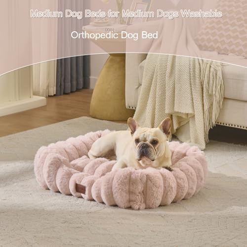 Luxury Dog Beds,Large Sized Dog Washable Furry Pet Beds,Comfort Rectangle Pet Sofa Couch with Ultra,Puppy Beds with Removable Zipper Cover,30x25x7.5inches,Blush Pink