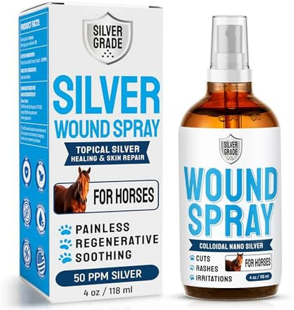 Horse Wound Care Spray with Silver – for Insect & Fly Bites, Hot Spots, Scratches & Itchy Skin – Supports Quick Healing of Cuts, Abrasions & Rain Rot Treatment for Horses – Equine Healing Aid – 4 Oz