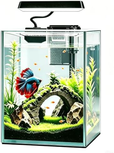 Ultra White Glass Betta Aquarium Starter Kits 1.5 Gallon Small Fish Tank, Betta Fish Tank with LED Light, Power Filter, 4mm Glass