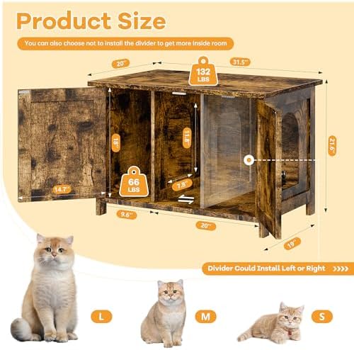 Shintenchi Cat Litter Box Enclosure, Litter Box Furniture Cabinet Hidden with Removable Divider, Wooden Cat House with End Table, Brown, 31.5 inch