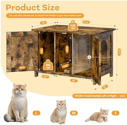 Shintenchi Cat Litter Box Enclosure, Litter Box Furniture Cabinet Hidden with Removable Divider, Wooden Cat House with End Table, Brown, 31.5 inch